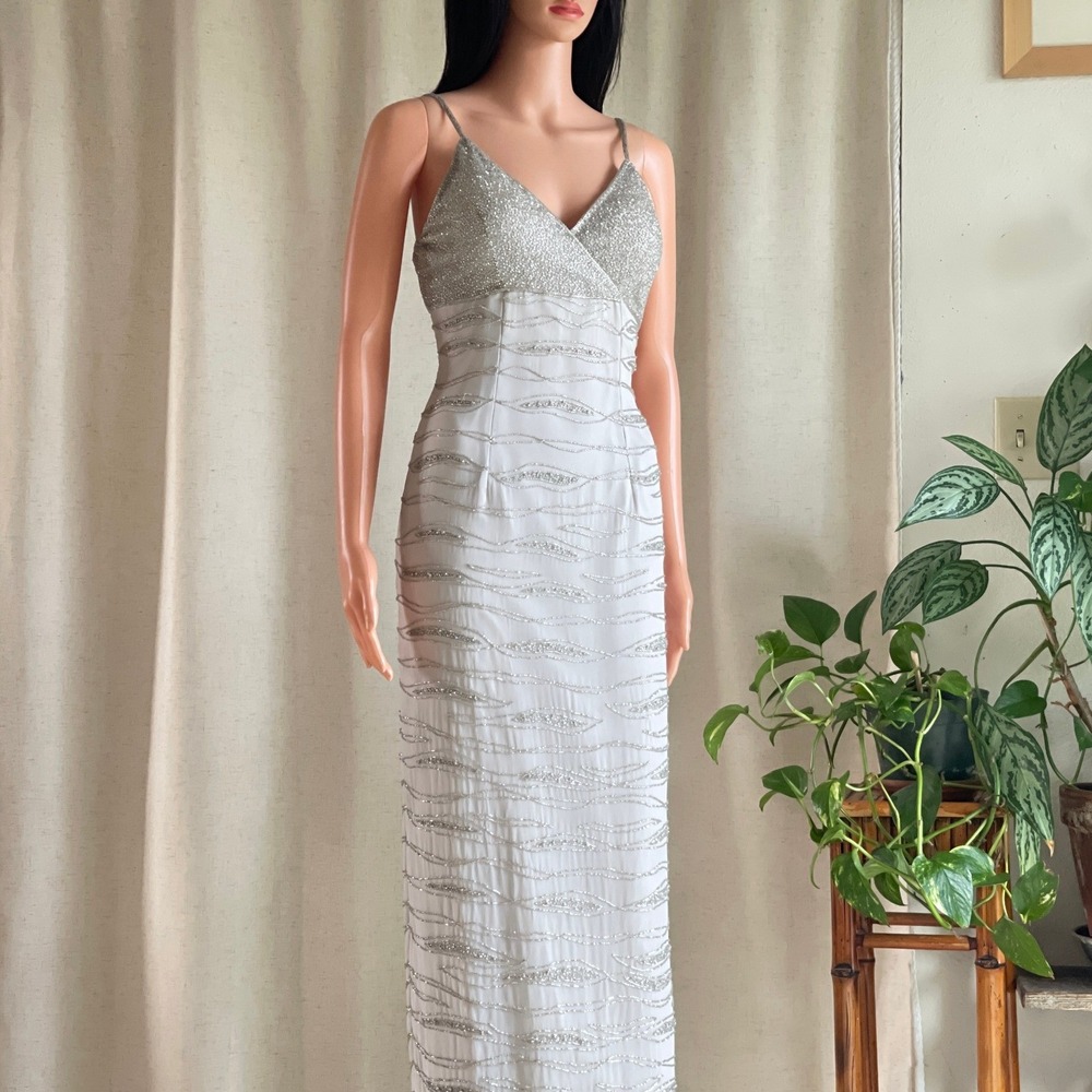 Vintage 90s Sean Collection Silver Beaded Silk Maxi Gown Prom Dress Size‎ M